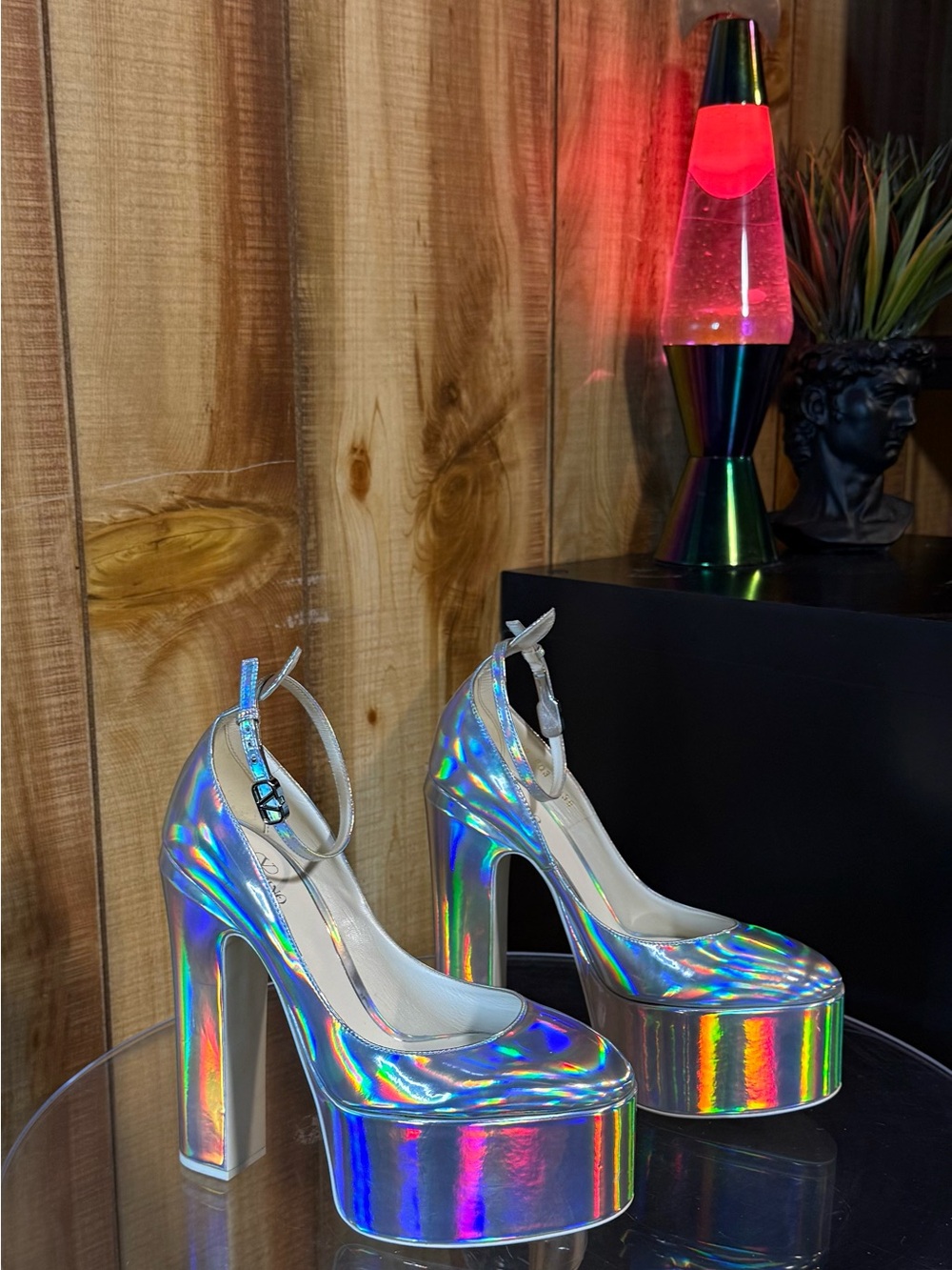 Holographic Platform Ankle-Strap Heels - Silver